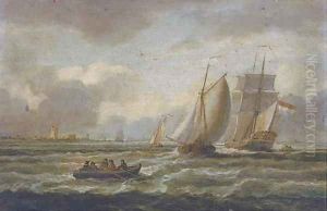 A Dutch Admiralty yacht amidst barges off a low countries watch-tower