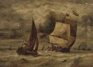 A Dutch man-of-war and other shipping in a stormy sea by Dutch School