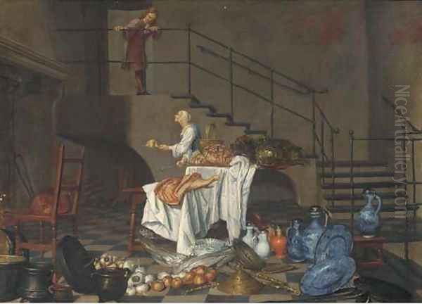A kitchen maid and a servant in an interior - view 1