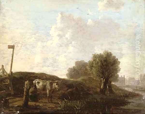 A river landscape with cattle on a bank - view 1