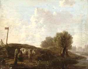 A river landscape with cattle on a bank A river landscape with cattle on a bank
