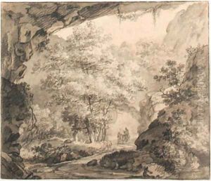 A wooded rocky landscape with travellers on a road by Dutch School