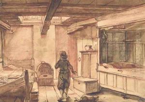 An interior with a standing figure seen from behind, a bed to the left