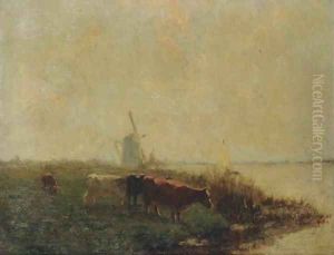 Cows in a polder landscape by Dutch School