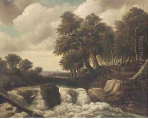 Figures in a woodland landscape by a waterfall