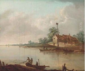 Fishermen on a river with barns beyond Fishermen on a river with barns beyond