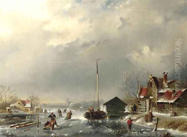 Skaters on a frozen waterway by a village - view 1