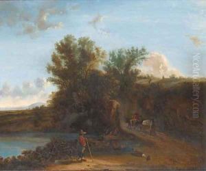 Travellers at the bend in the road by Dutch School