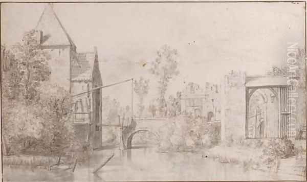 View of a fortified drawbridge by a canal, a gateway leading to elegant buildings to the right - view 1