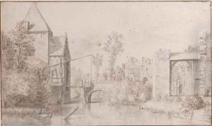 View of a fortified drawbridge by a canal, a gateway leading to elegant buildings to the right