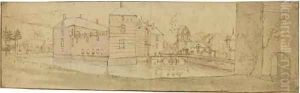 View of a moated castle by Dutch School