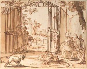 A dog barking at a swan with cygnets, in a pond, figures by a park gate looking on by Dutch School