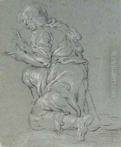 A kneeling figure turned to the left for an Adoration of the Shepherds by Dutch School