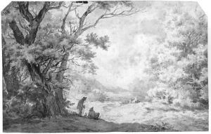 An extensive landscape with travellers by Dutch School