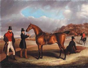 Lord George Bentinck with his favourite hunter, and grooms, in a landscape with a hunt beyond by Samuel Spode