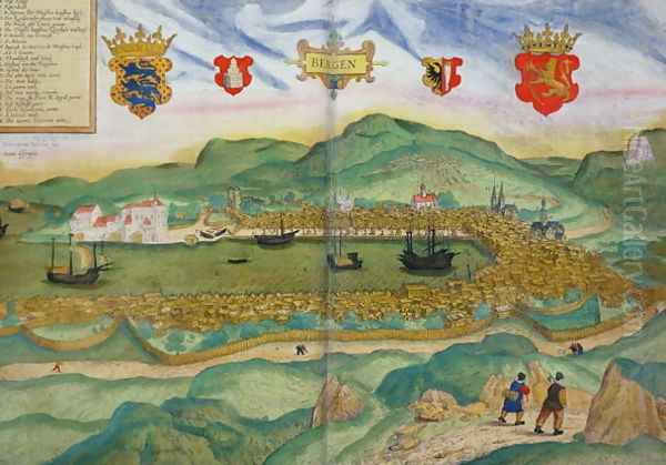 Map of Bergen, from Civitates Orbis Terrarum by Georg Brau 1541-1622 and Franz Hogenberg 1535-90 c.1571-1600 - view 1