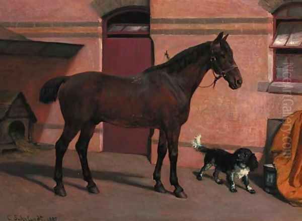 A bay hunter with a spaniel in a stable yard - view 1