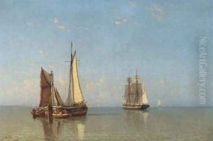 A coastal trader and a fishing barge in calm waters at dawn