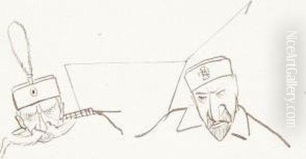 Etude Pour L'enterrement De La
Turquie Dessin A L'encre Sur Papier. 16 X 16 Cm Study For The "burial Of
Turkey". Abdul Hamid Ii And Peter I Of Serbia, Ink On Paper. - view 1