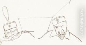 Etude Pour L'enterrement De La 
Turquie Dessin A L'encre Sur Papier. 16 X 16 Cm Study For The "burial Of
 Turkey". Abdul Hamid Ii And Peter I Of Serbia, Ink On Paper. by Arthur Szyk