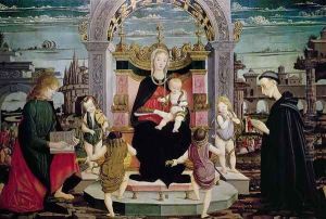 Virgin and Child Enthroned with St. John the Evangelist and the Blessed Giacomo Bertoni by Leonardo I Scaletti