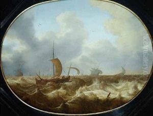 Fishing boats and other vessels in a stormy sea by Cornelis Stooter