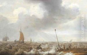 Shipping in choppy seas with fishermen on the shore in the right foreground, a town beyond by Cornelis Stooter