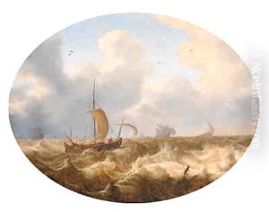 A smalschip running before the wind offshore, other shipping beyond, as a storm approaches by Cornelis Stooter
