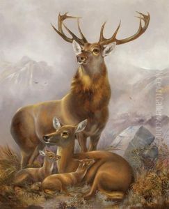 American, - Stag, Hind Andfawns, Circa 1850