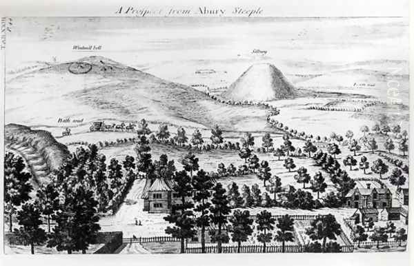 View from Avebury steeple of Silbury Hill, illustration from Stonehenge a Temple Restored to the British Druids by William Stukeley, 1740 - view 1
