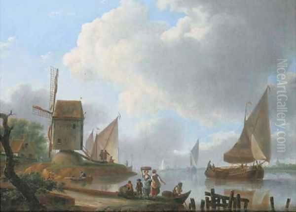 A river landscape with a damlooper and figures on the shore by a windmill by Frans Swagers