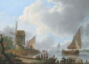 A river landscape with a damlooper and figures on the shore by a windmill