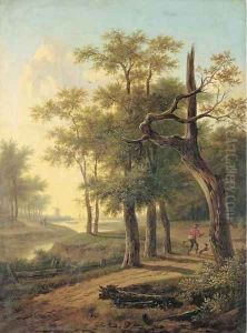 A hunter and his dog in a wooded river landscape, a windmill and boats beyond by Frans Swagers