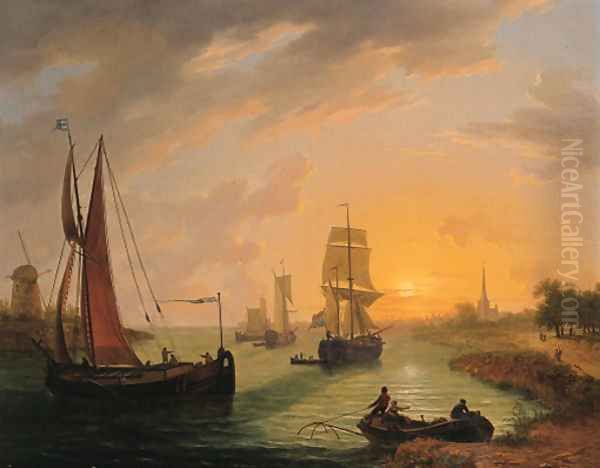 Shipping on a river at sunset - view 1