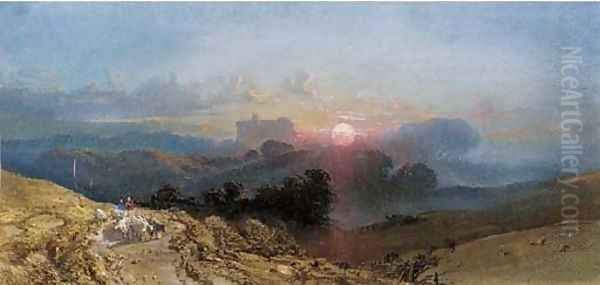 A shepherd and sheep on a track with a castle beyond - view 1