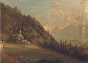 Figures in an Alpine landscape beside a church; and Another similar by Continental School