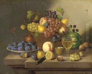 A still life of grapes, pears and apples in a wicker basket and plums, lemons and a peach on a ledge