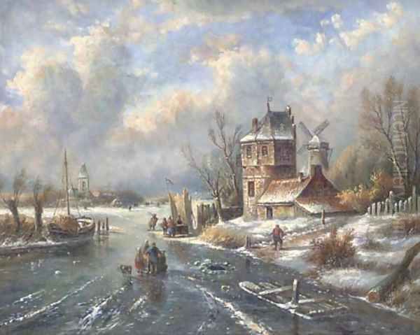 Figures on a frozen path in a snowy landscape - view 1