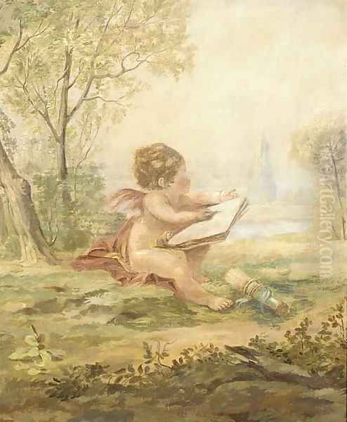 A cherub drawing in a landscape - view 1
