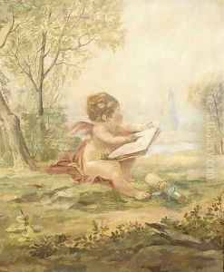 A cherub drawing in a landscape by Continental School