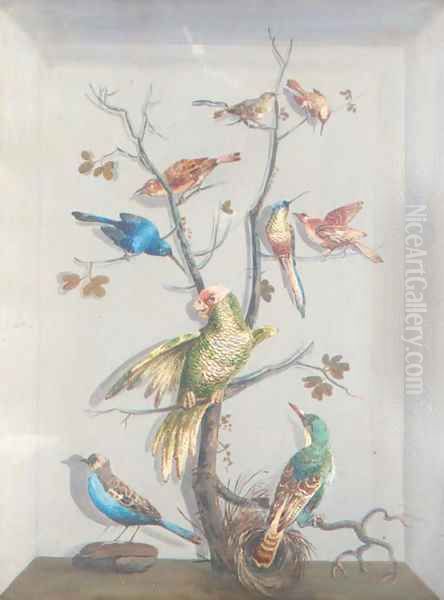 A parrot and other exotic birds perched on a tree - view 1
