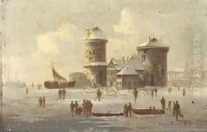 Figures on a frozen lakescape by Continental School