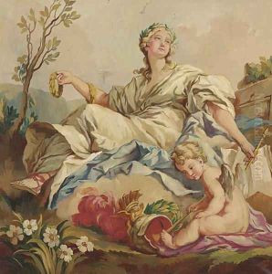 A classical muse in a landscape with a young satyr with bow and arrow; together with three similar by Continental School