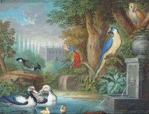 Parrots, ducks and an owl before an Italianate villa (illustrated); and Exotic birds on a riverbank by Continental School