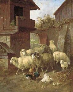 Sheep and poultry in a farmyard; and Sheep and poultry in a barn by Continental School
