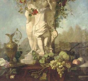 A Grecian statue with fruit and foliage and a bronze ewer by Continental School