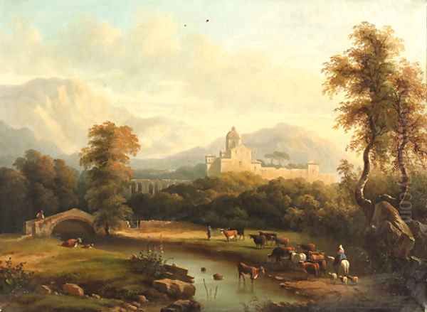 A mountainous river landscape with a drover - view 1