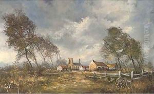 A rustic landscape, with a church and buildings beyond
