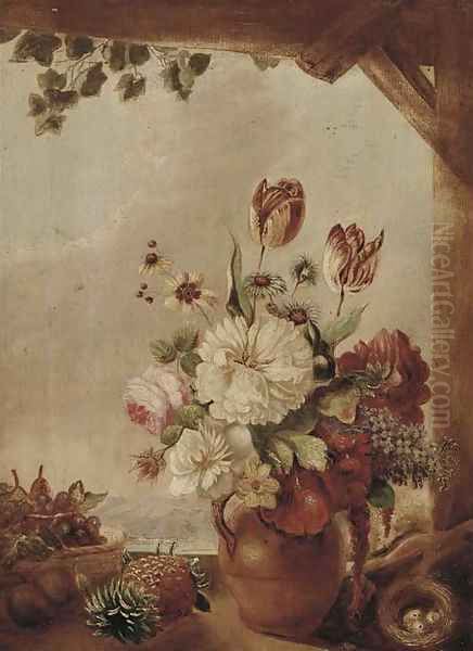 Flowers in a jug, a bird's nest and fruit on a window ledge - view 1