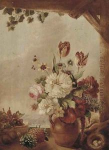 Flowers in a jug, a bird's nest and fruit on a window ledge Flowers in a jug, a bird's nest and fruit on a window ledge